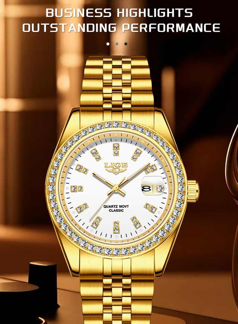 LIGE ​​LIGE Men's Classic Fashion Watch - Gold-Tone Stainless Steel Strap with White Dial, Diamond Hour Markers, Quartz Movement, Modern Luxe Style for Business & Formal Occasions​​  - Image 3