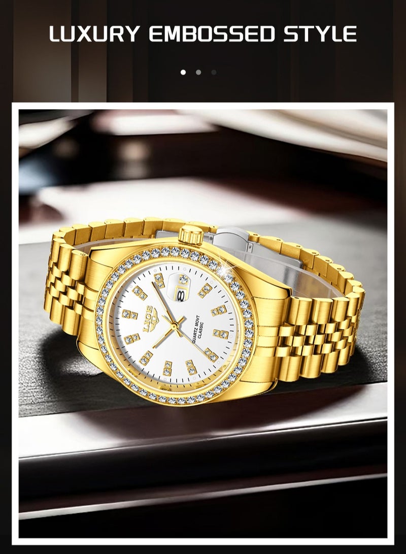 LIGE ​​LIGE Men's Classic Fashion Watch - Gold-Tone Stainless Steel Strap with White Dial, Diamond Hour Markers, Quartz Movement, Modern Luxe Style for Business & Formal Occasions​​  - Image 5
