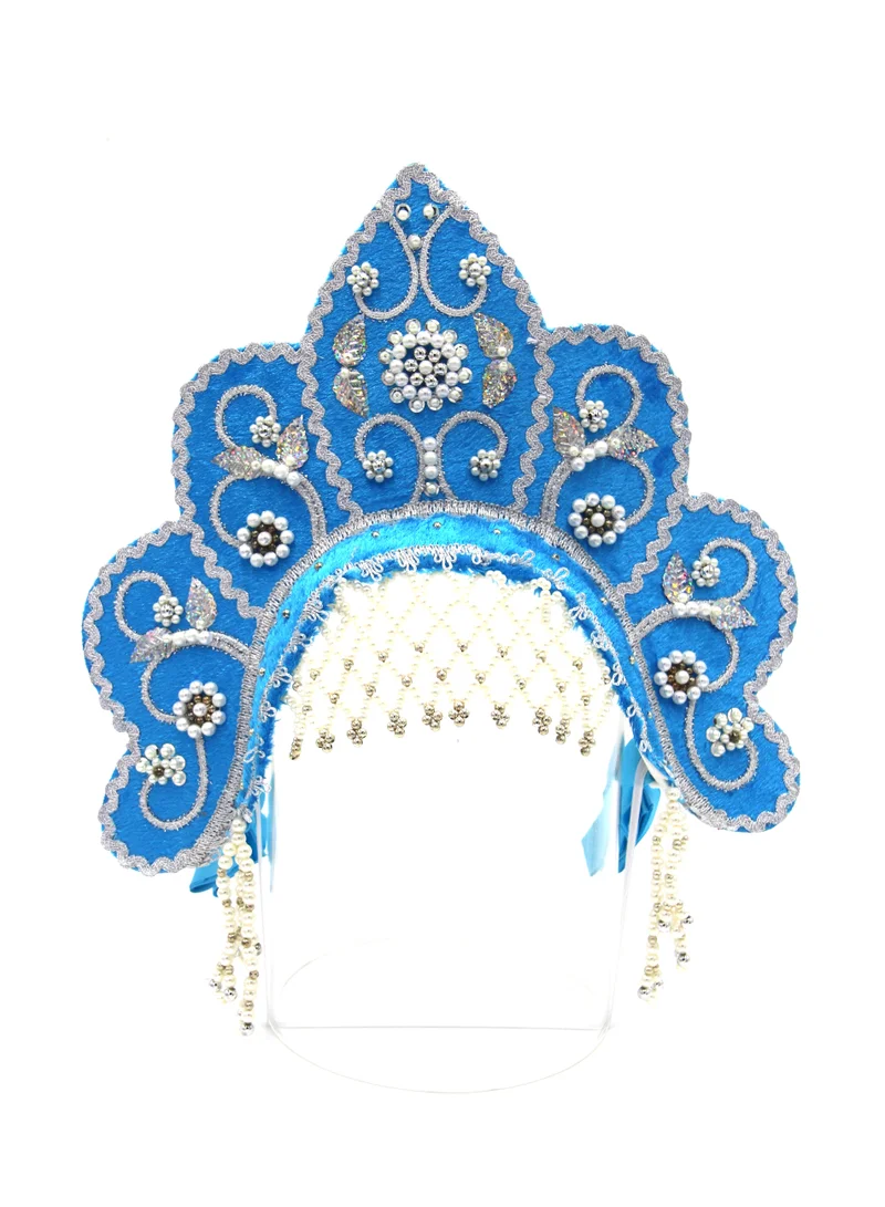 D'Daniela D' Daniela - Women's Traditional Headdress Kokoshnik - Blue Flower Crest Shaped with Silver Beads