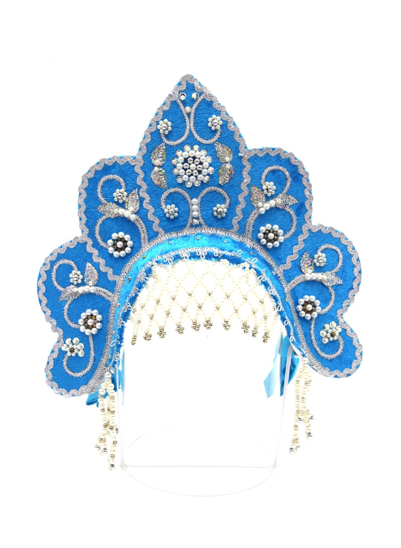 D'Daniela D' Daniela - Women's Traditional Headdress Kokoshnik - Blue Flower Crest Shaped with Silver Beads - Image 1