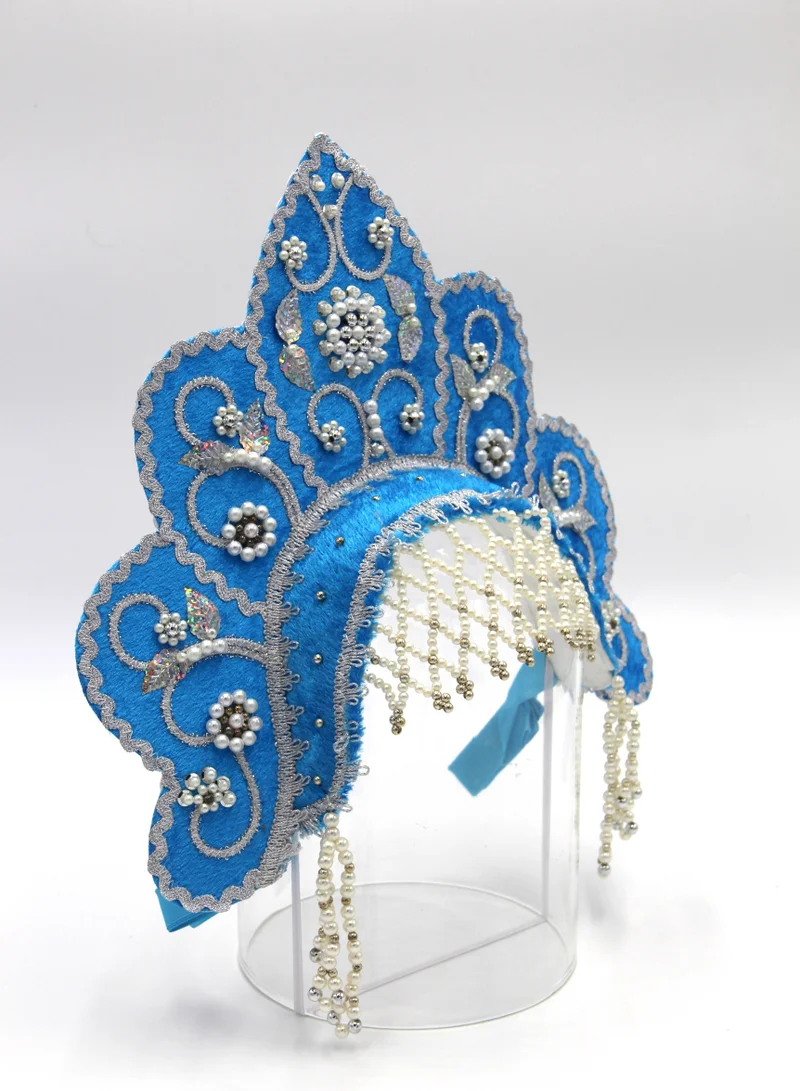 D'Daniela D' Daniela - Women's Traditional Headdress Kokoshnik - Blue Flower Crest Shaped with Silver Beads