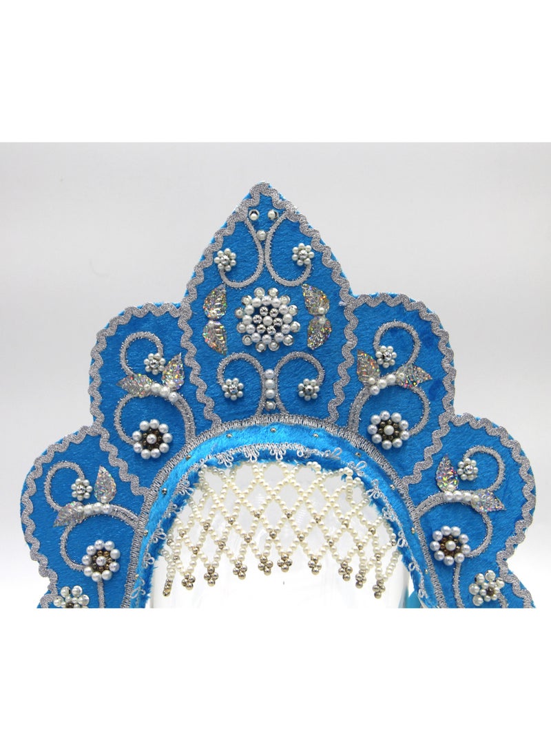 D'Daniela D' Daniela - Women's Traditional Headdress Kokoshnik - Blue Flower Crest Shaped with Silver Beads - Image 4