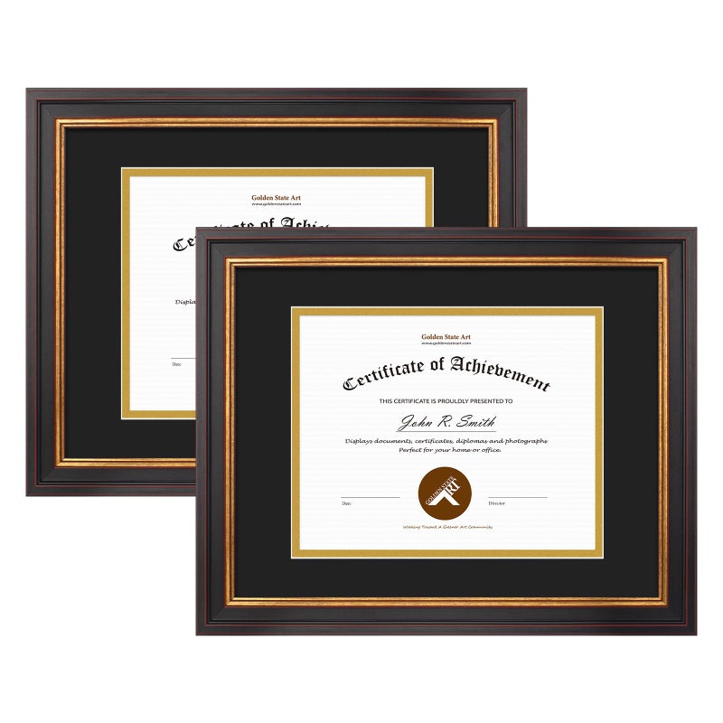 Golden State Art Golden State Art 11x14 Black Gold  Burgundy Color Document Frame for 8x10 DiplomaCertificatePicture Includes Double Mat and Real Glass Black Over Gold Double Mat 2Pack 