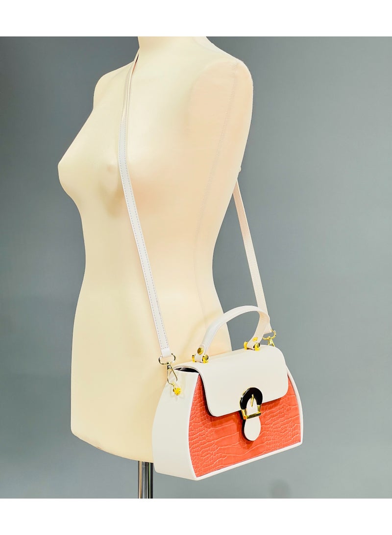 Elegant Structured Handbag in Cream & Terracotta Croc-Texture - Image 4