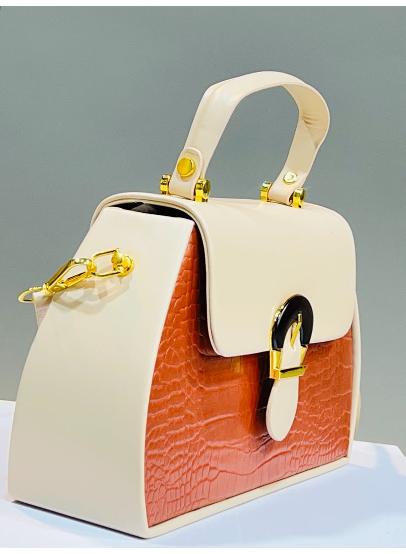 Elegant Structured Handbag in Cream & Terracotta Croc-Texture - Image 2