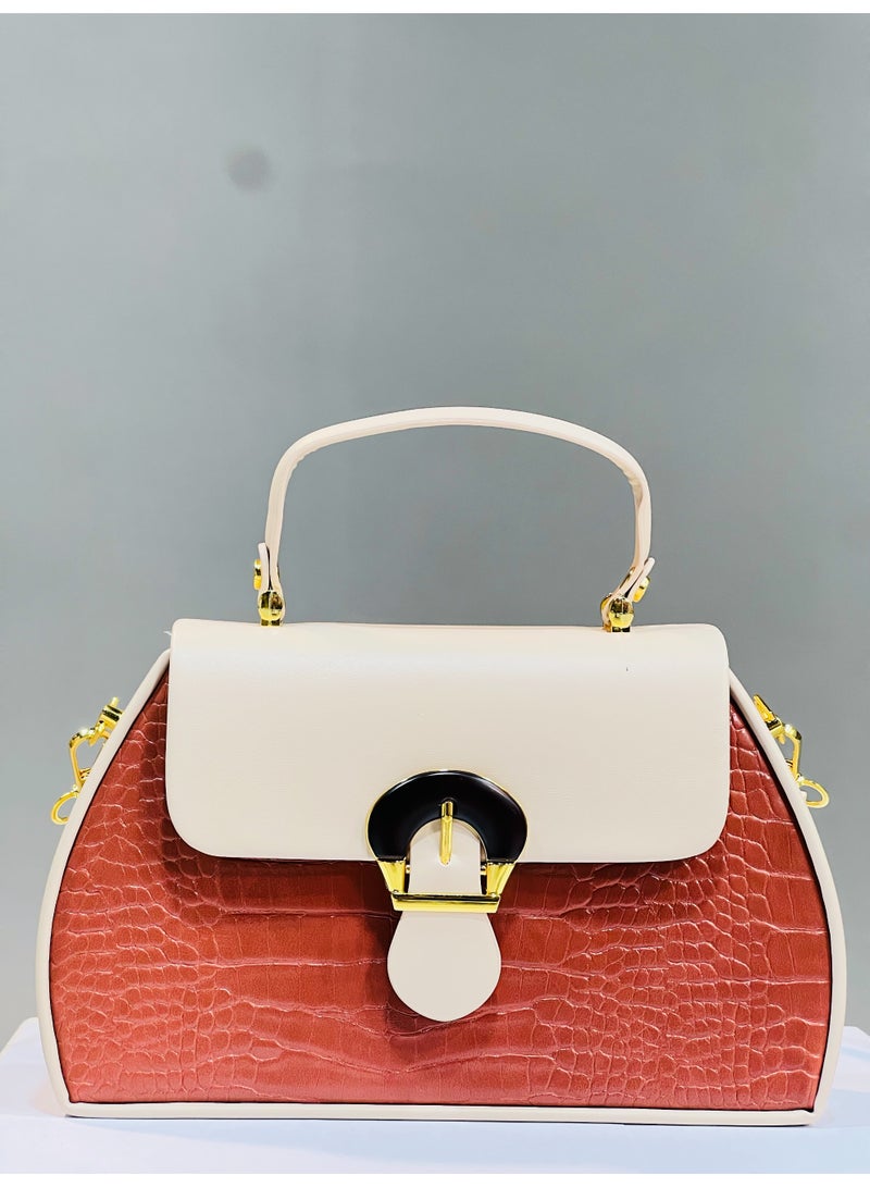 Elegant Structured Handbag in Cream & Terracotta Croc-Texture - Image 1