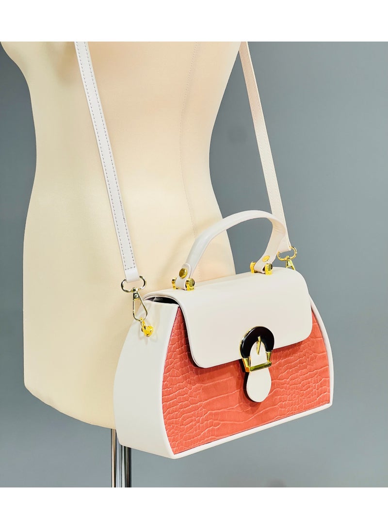 Elegant Structured Handbag in Cream & Terracotta Croc-Texture - Image 5
