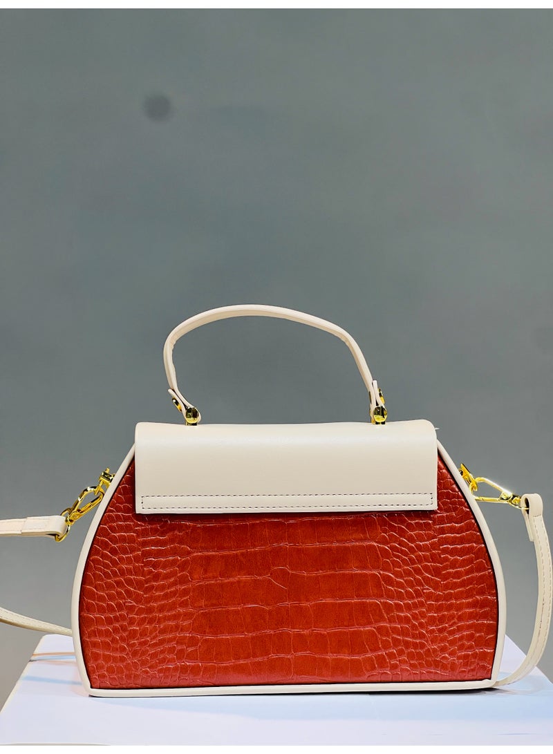 Elegant Structured Handbag in Cream & Terracotta Croc-Texture - Image 3