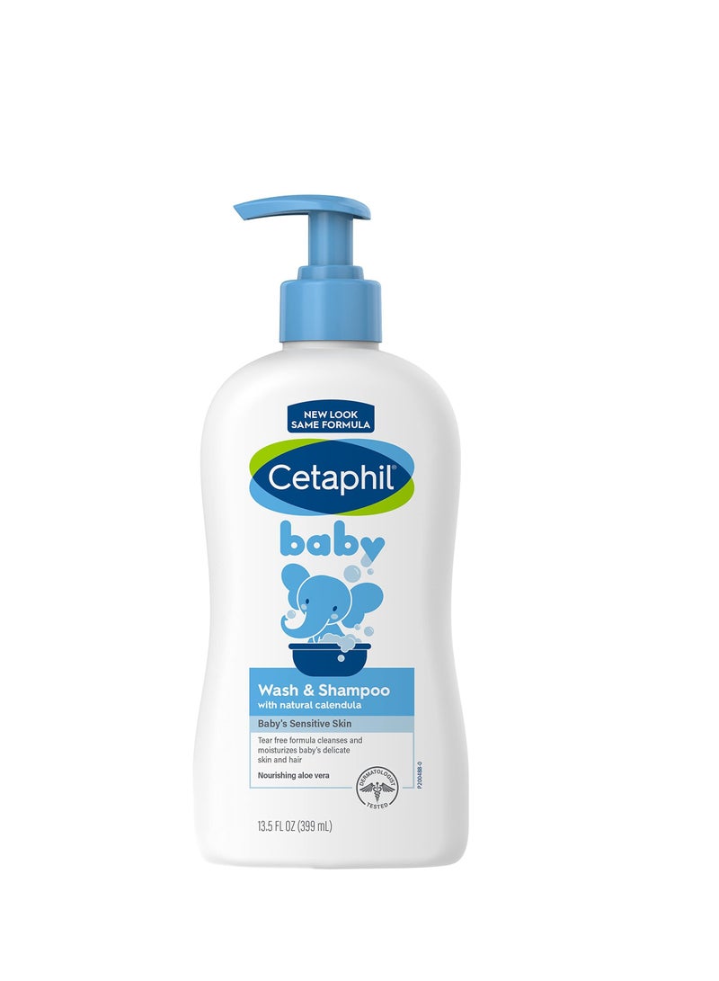 Cetaphil Wash & Shampoo with natural calendula Baby's Sensitive Skin Tear free formula cleanses and moisturizes baby's delicate skin and hair Nourishing aloe vera 399ml - Image 1