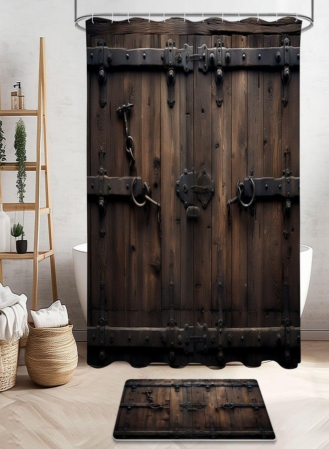 Litabel 4 Pcs Vintage Wooden Door Shower Curtain Set with Non-Slip Rugs, Toilet Lid Cover and Bath Mat, Farmhouse Bathroom Decor Set with Shower Curtain and Rugs(Hooks Not Included) - Image 3