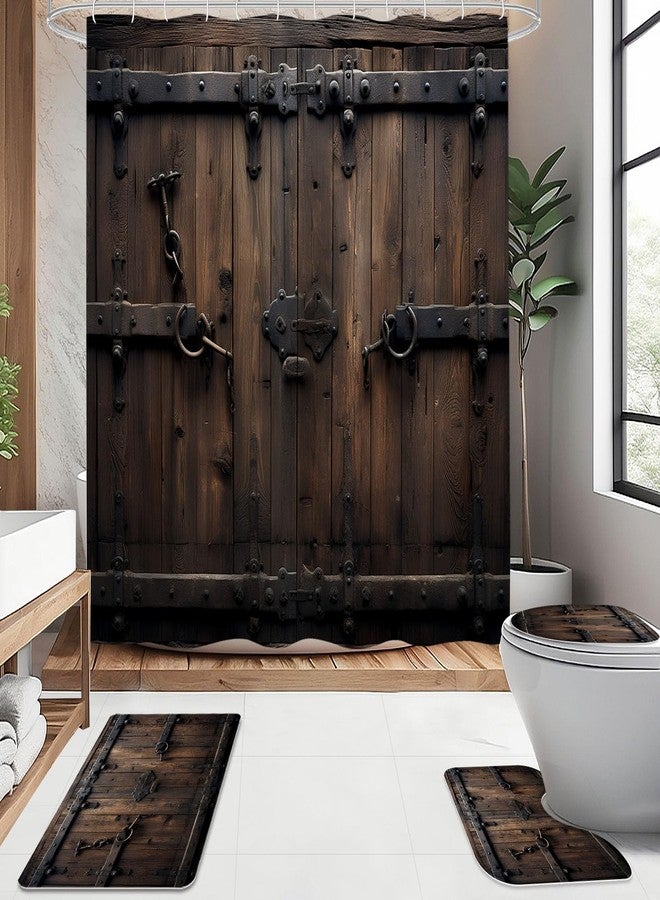 Litabel 4 Pcs Vintage Wooden Door Shower Curtain Set with Non-Slip Rugs, Toilet Lid Cover and Bath Mat, Farmhouse Bathroom Decor Set with Shower Curtain and Rugs(Hooks Not Included) - Image 2
