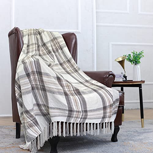 Snugtown Taupe Grey and White Plaid Decor Tartan Blanket, Lightweight Soft Chenille Striped Knitted Rustic Farmhouse Throw with Tassels for Couch Sofa Chair Bed Office Home, 50" x 60" - Image 4