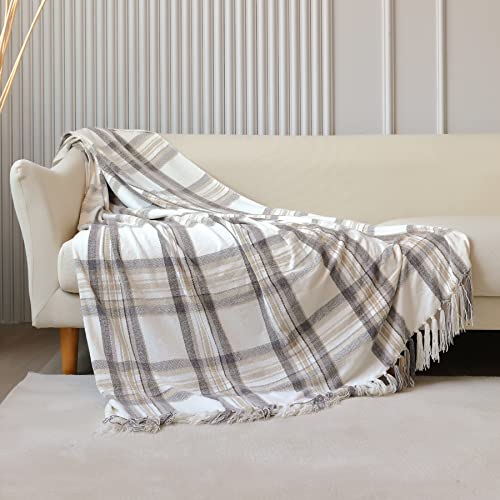 Snugtown Taupe Grey and White Plaid Decor Tartan Blanket, Lightweight Soft Chenille Striped Knitted Rustic Farmhouse Throw with Tassels for Couch Sofa Chair Bed Office Home, 50" x 60" - Image 2