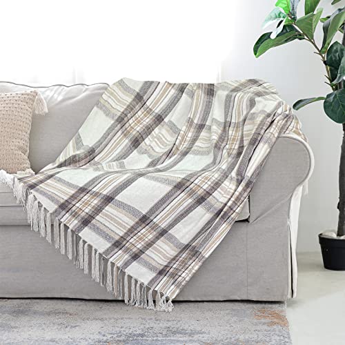 Snugtown Taupe Grey and White Plaid Decor Tartan Blanket, Lightweight Soft Chenille Striped Knitted Rustic Farmhouse Throw with Tassels for Couch Sofa Chair Bed Office Home, 50" x 60" - Image 1
