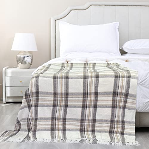 Snugtown Taupe Grey and White Plaid Decor Tartan Blanket, Lightweight Soft Chenille Striped Knitted Rustic Farmhouse Throw with Tassels for Couch Sofa Chair Bed Office Home, 50" x 60" - Image 3