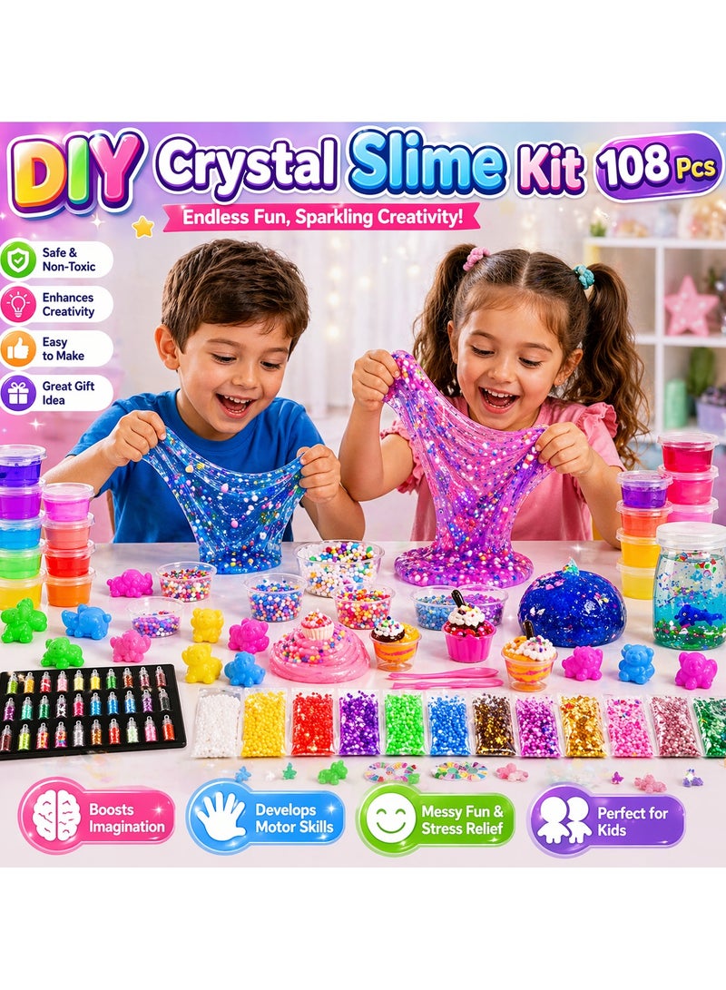 Maanys 108 Pcs Crystal Slime Kit Box, Slime for Kids Include Colored Glitters, Colorful Mud, Cutting Utensils, Slime Contains and lot more for Endless Fun - Image 2