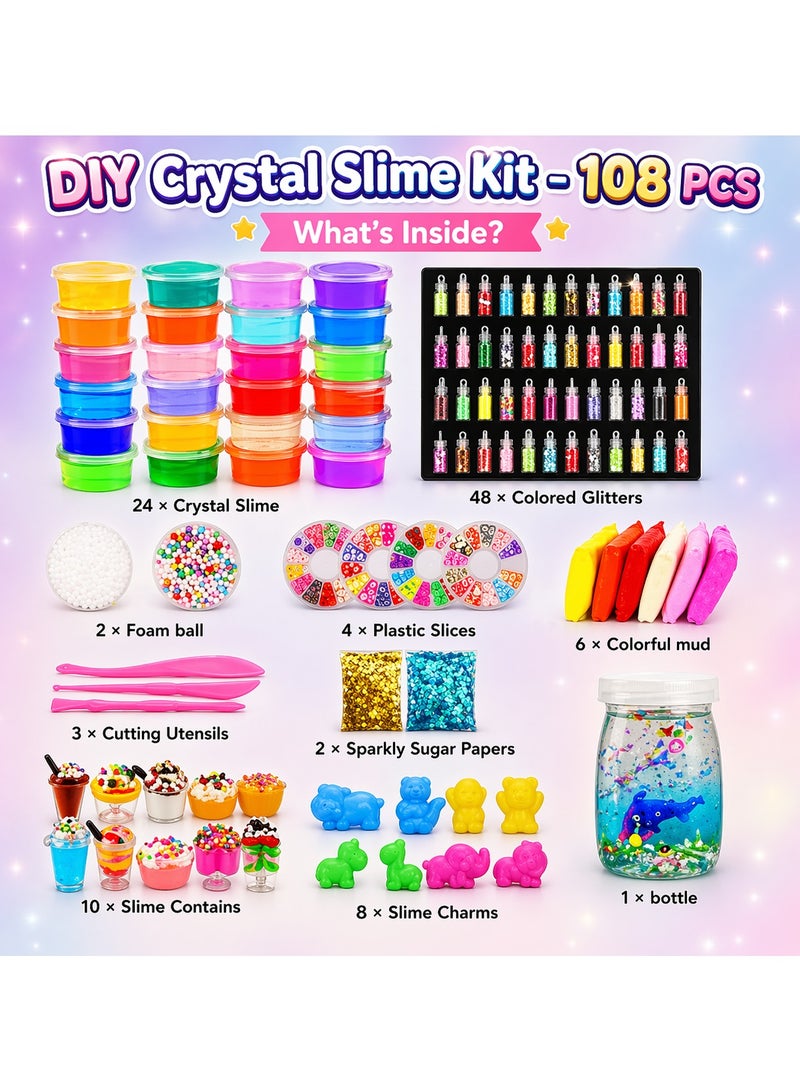 Maanys 108 Pcs Crystal Slime Kit Box, Slime for Kids Include Colored Glitters, Colorful Mud, Cutting Utensils, Slime Contains and lot more for Endless Fun - Image 4