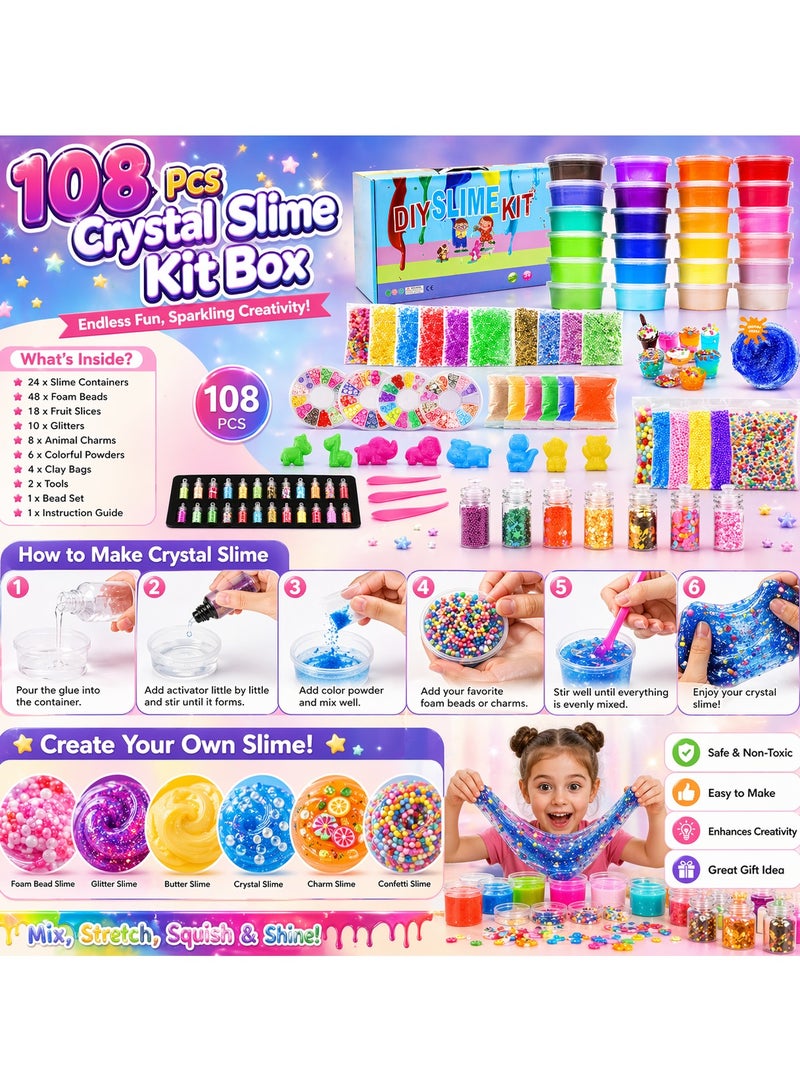 Maanys 108 Pcs Crystal Slime Kit Box, Slime for Kids Include Colored Glitters, Colorful Mud, Cutting Utensils, Slime Contains and lot more for Endless Fun - Image 3