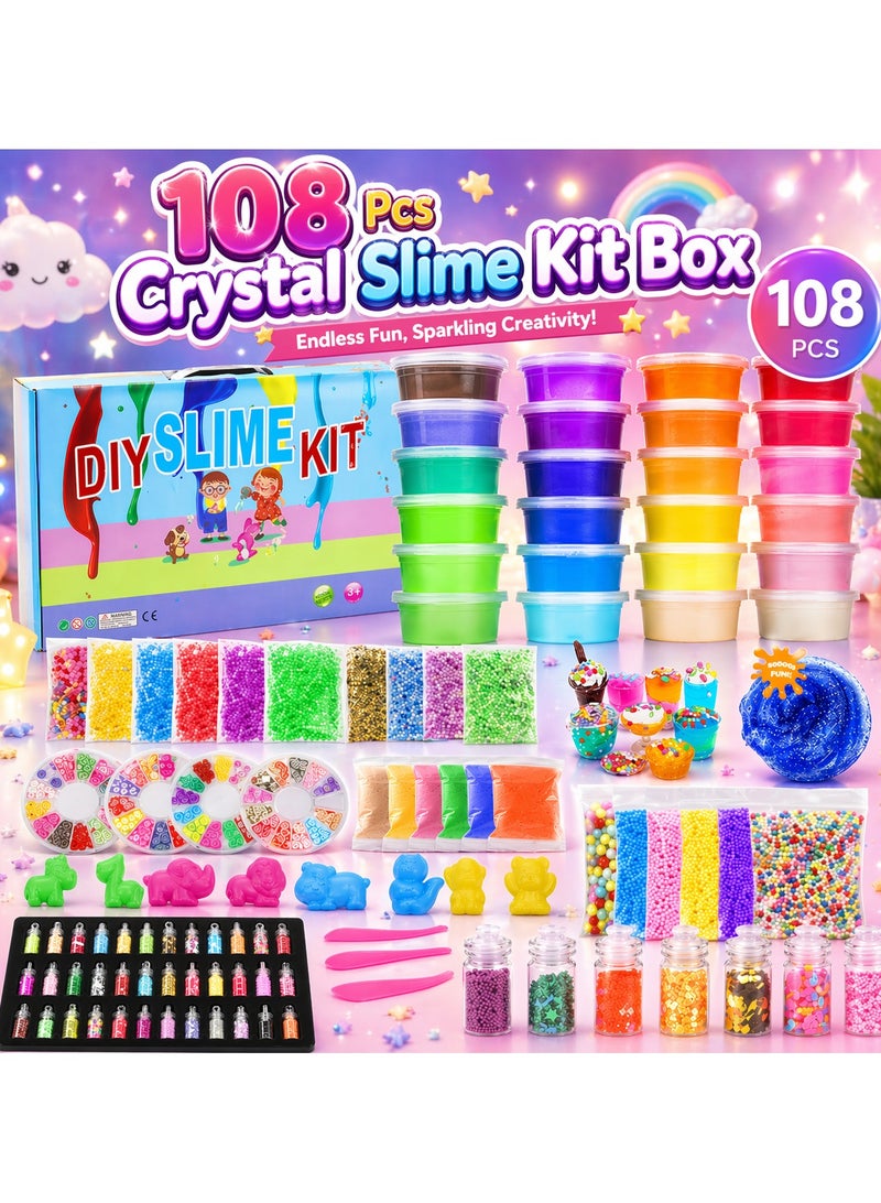 Maanys 108 Pcs Crystal Slime Kit Box, Slime for Kids Include Colored Glitters, Colorful Mud, Cutting Utensils, Slime Contains and lot more for Endless Fun - Image 5