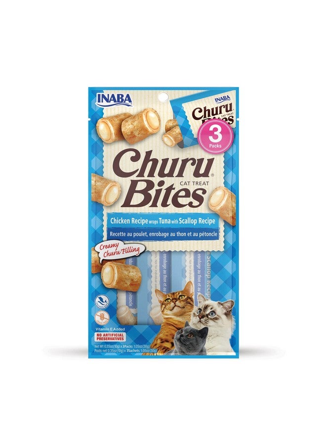 INABA INABA Churu Bites for Cats, Soft Baked Chicken Churu Filled Cat Treats with Green Tea Extract, 0.35 Ounces Each Tube, 3 Tubes Total, Tuna with Scallop Recipe  - Image 1