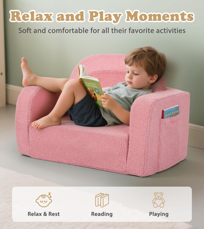 Foryoomi Kids Couch, 2-in-1 Soft Toddler Couch Fold Out with Blanket, Comfy Toddler Chair, Convertible Sofa, Gifts for Kids Girl Boys, Medium Pink Rainbow - Image 2