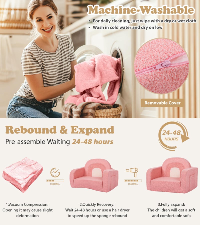 Foryoomi Kids Couch, 2-in-1 Soft Toddler Couch Fold Out with Blanket, Comfy Toddler Chair, Convertible Sofa, Gifts for Kids Girl Boys, Medium Pink Rainbow - Image 5