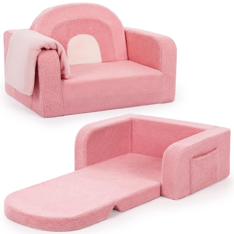 Foryoomi Kids Couch, 2-in-1 Soft Toddler Couch Fold Out with Blanket, Comfy Toddler Chair, Convertible Sofa, Gifts for Kids Girl Boys, Medium Pink Rainbow - Image 1