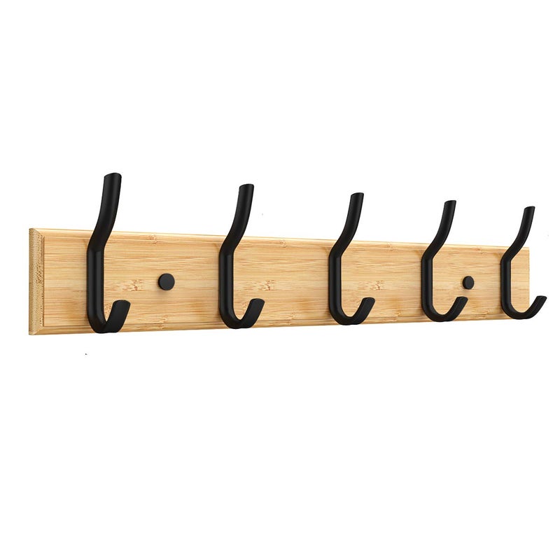 Anjuer Coat Hanger Clothes Rack 5 Hooks Heavy Duty Clothes Hat Holder Bamboo Board Black Hooks