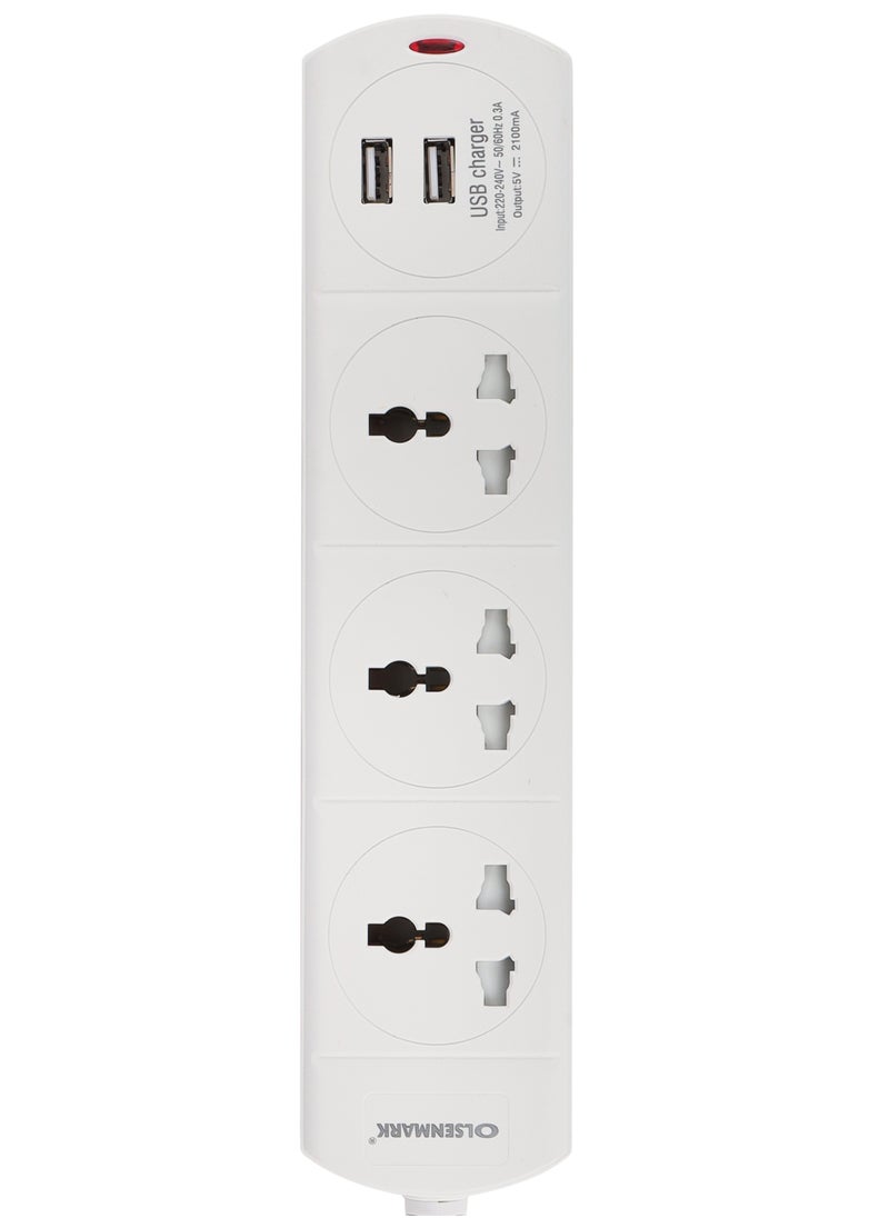 Olsenmark - Olsenmark 3 Way Universal Power Extension Socket With 2 USB 2.1A, 3M Cable 13A - Image 1
