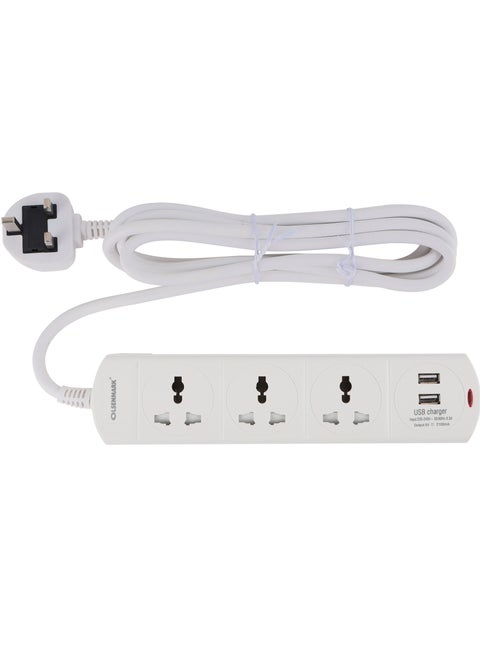 Olsenmark 3 Way Universal Power Extension Socket With 2 USB 2.1A, 3M Cable 13A