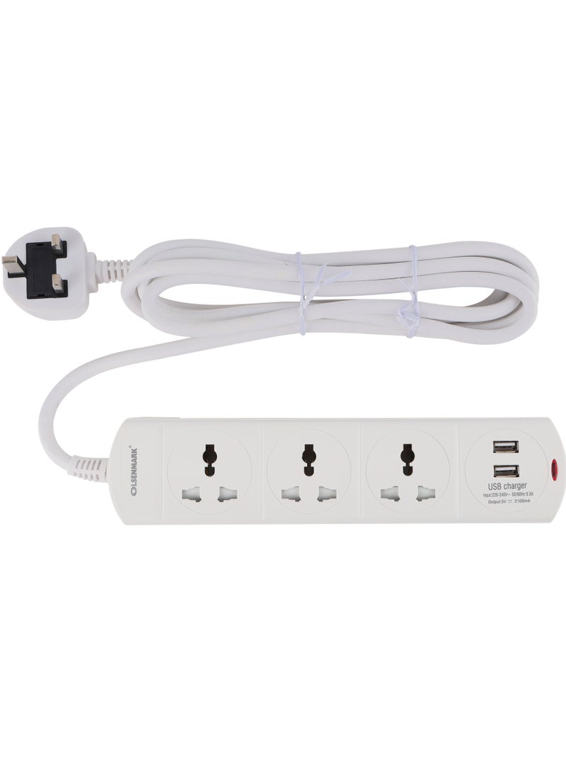 Olsenmark - Olsenmark 3 Way Universal Power Extension Socket With 2 USB 2.1A, 3M Cable 13A - Image 1