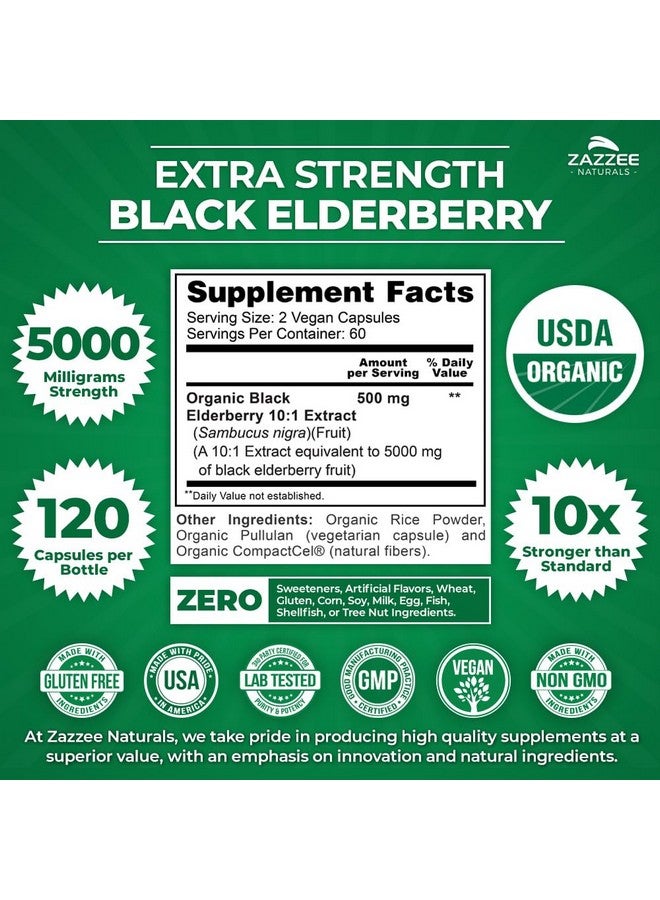 Zazzee USDA Organic Black Elderberry 10:1 Extract, 5000 mg Strength, 120 Vegan Capsules, 2 Month Supply, Standardized, Concentrated 10X Extract, 100% Vegetarian, All-Natural, Non-GMO, Made in The USA - Image 2