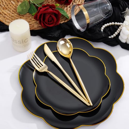 ejonirinjonir EI 180pcs Black Plastic Plates with Gold Plastic Silverware,Black and Gold Plates Disposable,Heavy Duty Plate for Party,Wedding,Anniversary,Spring Afternoon Tea Business Event - Image 2