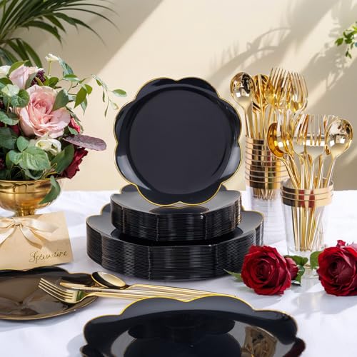 ejonirinjonir EI 180pcs Black Plastic Plates with Gold Plastic Silverware,Black and Gold Plates Disposable,Heavy Duty Plate for Party,Wedding,Anniversary,Spring Afternoon Tea Business Event - Image 4