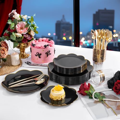ejonirinjonir EI 180pcs Black Plastic Plates with Gold Plastic Silverware,Black and Gold Plates Disposable,Heavy Duty Plate for Party,Wedding,Anniversary,Spring Afternoon Tea Business Event - Image 5