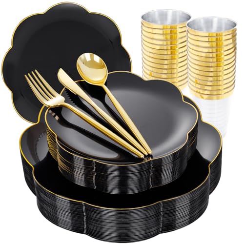 ejonirinjonir EI 180pcs Black Plastic Plates with Gold Plastic Silverware,Black and Gold Plates Disposable,Heavy Duty Plate for Party,Wedding,Anniversary,Spring Afternoon Tea Business Event - Image 1