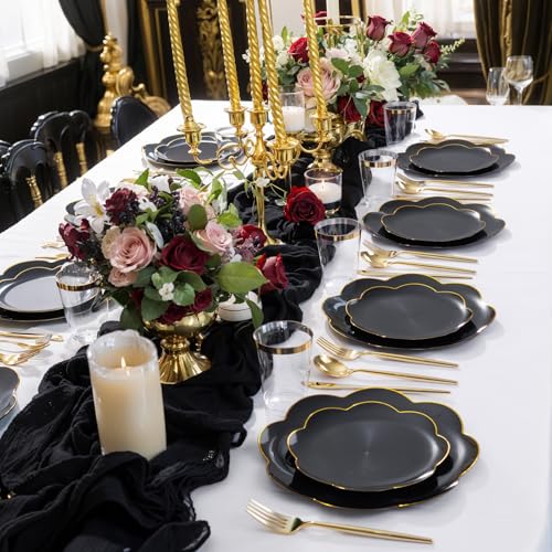 ejonirinjonir EI 180pcs Black Plastic Plates with Gold Plastic Silverware,Black and Gold Plates Disposable,Heavy Duty Plate for Party,Wedding,Anniversary,Spring Afternoon Tea Business Event - Image 3