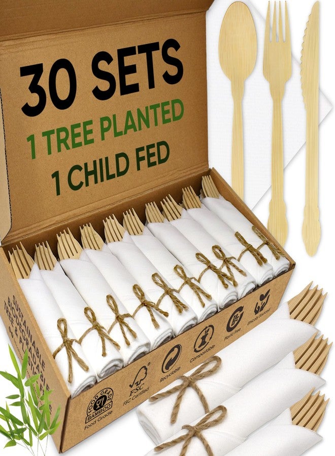 EcoPreps Luxury Pre-Rolled Napkin and Bamboo Cutlery Set (30 Pack, 120 PCS) 100% Biodegradable, Eco-Friendly, Disposable Wrapped Cutlery - Includes Pre-Wrapped Bamboo Forks, Knives, Spoons, & Napkins - Image 1