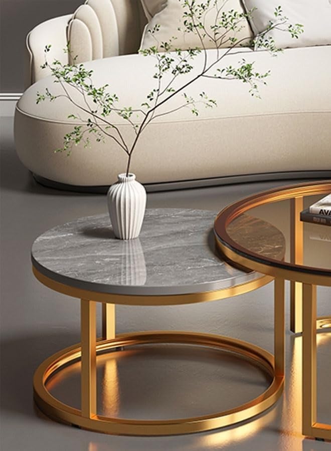 DubaiGallery طقم طاولات نيدو من 2، طاولات جانبية عصرية، طاولة قهوة، طاولة قهوة زجاجية مدورة قابلة للتكديس مع قوام رخامي، طاولة صوفا، لغرفة المعيشة، الشرفة، المكتب - Image 3