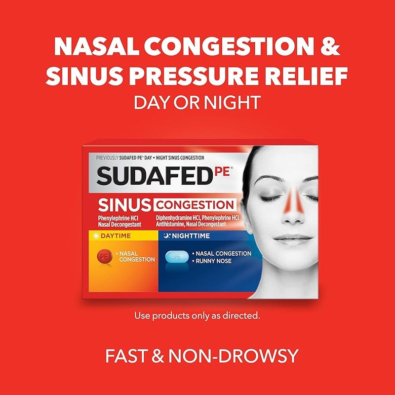 Sudafed PE Sinus Congestion Day + Night Maximum Strength Decongestant & Antihistamine Tablets with Phenylephrine HCl & Diphenhydramine HCl, Helps Nasal & Sinus Pressure & Congestion, 20 ct - Image 2