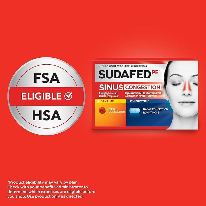 Sudafed PE Sinus Congestion Day + Night Maximum Strength Decongestant & Antihistamine Tablets with Phenylephrine HCl & Diphenhydramine HCl, Helps Nasal & Sinus Pressure & Congestion, 20 ct - Image 4