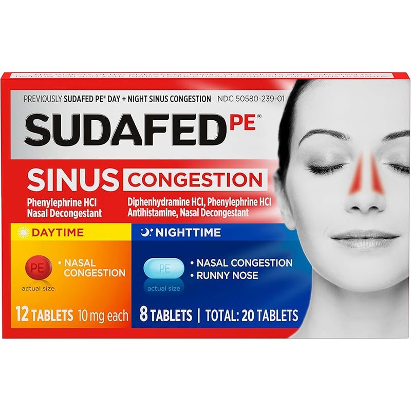 Sudafed PE Sinus Congestion Day + Night Maximum Strength Decongestant & Antihistamine Tablets with Phenylephrine HCl & Diphenhydramine HCl, Helps Nasal & Sinus Pressure & Congestion, 20 ct - Image 1