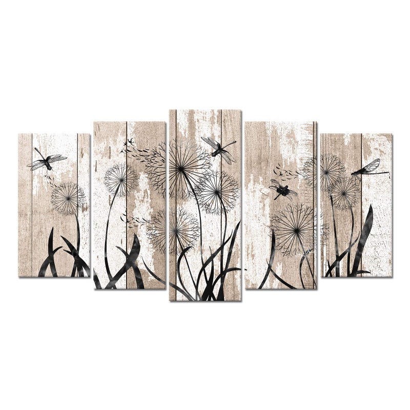 WELMECO 5 Pieces Large Abstract Dragonfly with Dandelion Giclee Print Canvas Wall Art on Rustic Beige Wood Textured Picture Artwork Gift for Home Living Room Bedroom Housewarming