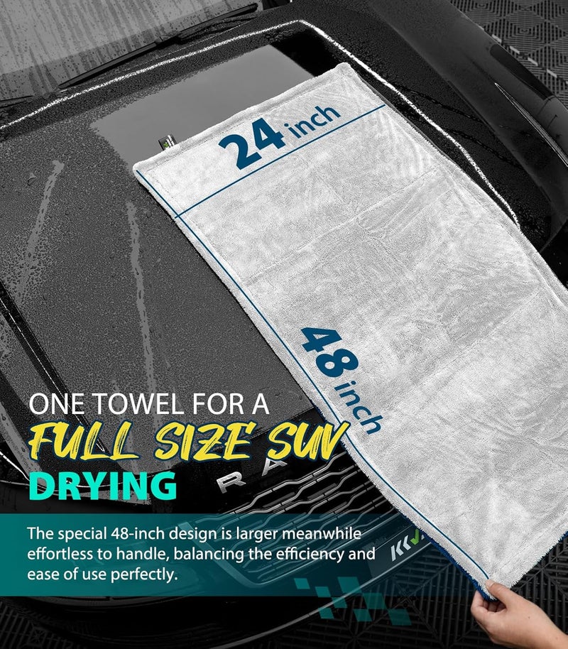 KKV Full-Sized SUV Drying Towel, 48”x24” Dual Sided Microfiber Car Cleaning Towel with Twisting Yarn Technique, 1400GSM Super Absorbent, Scratch-Free, Machine Washable (LightGrey-MarineBlue) - Image 2
