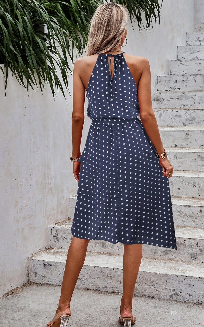 ECOWISH Polka Dot Women Summer Dress Midi A Line Ruffle High Low Sleeveless Boho Floral Halterneck Cocktail Tie Knot Sundress Blue Small - Image 2
