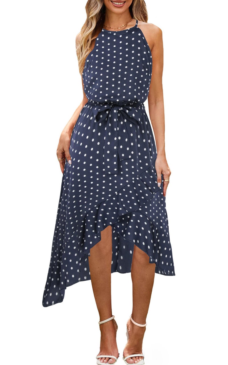 ECOWISH Polka Dot Women Summer Dress Midi A Line Ruffle High Low Sleeveless Boho Floral Halterneck Cocktail Tie Knot Sundress Blue Small - Image 1