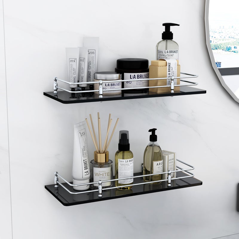 FORTUNE 15 x 6 Inch Multipurpose Wall Hung Glass Front Bathroom Shelf with Wall Brackets Storage Holder- Black (Pack of 2) - Image 1