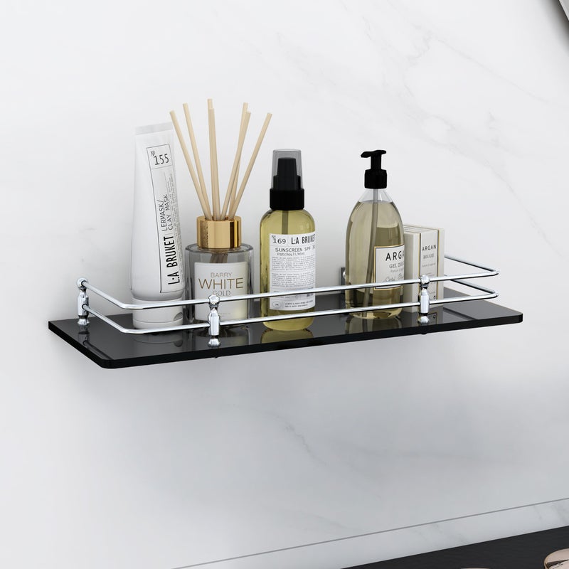 FORTUNE 15 x 6 Inch Multipurpose Wall Hung Glass Front Bathroom Shelf with Wall Brackets Storage Holder- Black (Pack of 2) - Image 4