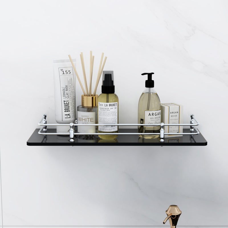 FORTUNE 15 x 6 Inch Multipurpose Wall Hung Glass Front Bathroom Shelf with Wall Brackets Storage Holder- Black (Pack of 2) - Image 3