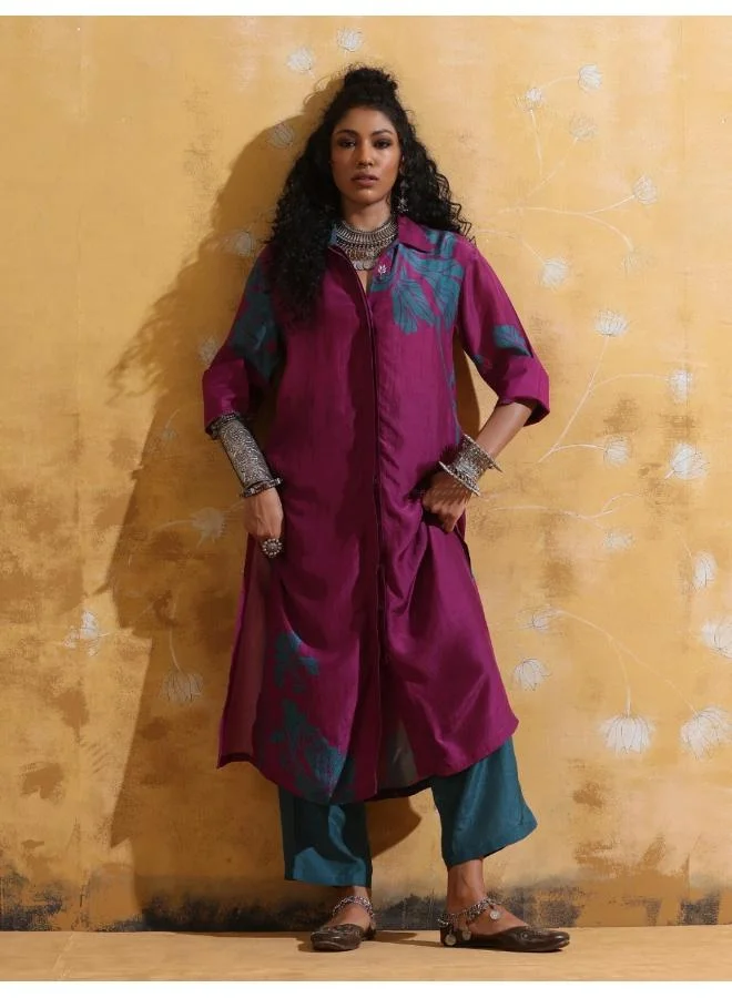 ترو برونز trueBrowns Purple Teal Floral Print Muslin Silk Straight Kurta Set